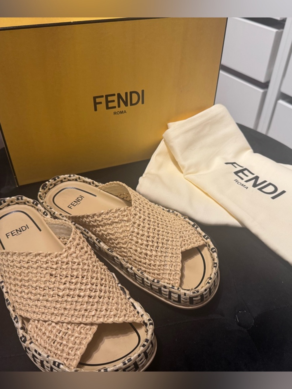 Fendi Beige Raffia Slide Sandals - Picture 8 of 8